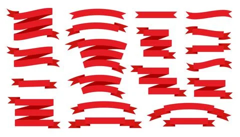Retro vector flat red ribbon set isolated on white Stock Illustration