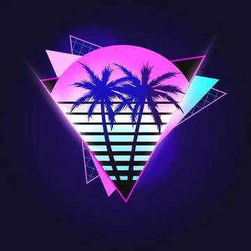 Retro Vector Illustration in 80`s style for T-shirt with Palms, Grid and Sunset. Stock Illustration
