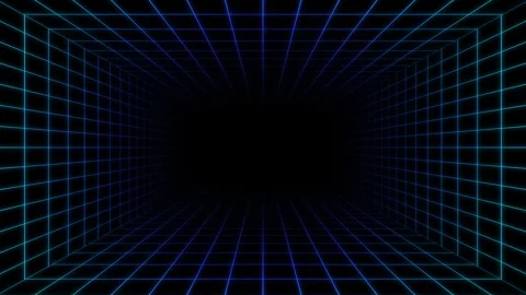 A retro vector neon grid tunnel stretches into darkness, its glowing blue lines Stock Footage 331272341