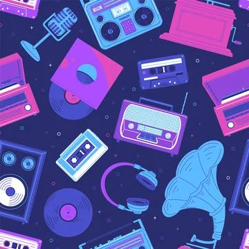 Retro vector seamless pattern with music listening recording devices, realistic Stock Illustration