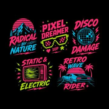 Retro Vector T-Shirt Design Set with 80s Style Graphics and Typography 스톡 일러스트