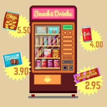 Retro vector vending machine with snacks and drinks flat icons Stock Illustration