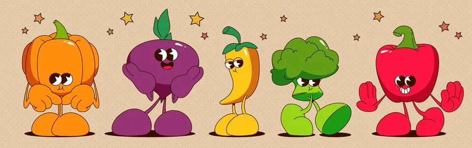 Retro vegetable characters isolated on background Stock Illustration
