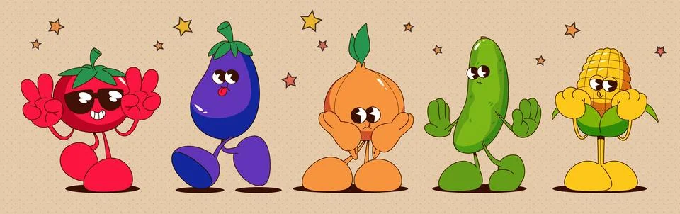 Retro vegetable characters isolated on background Stock Illustration
