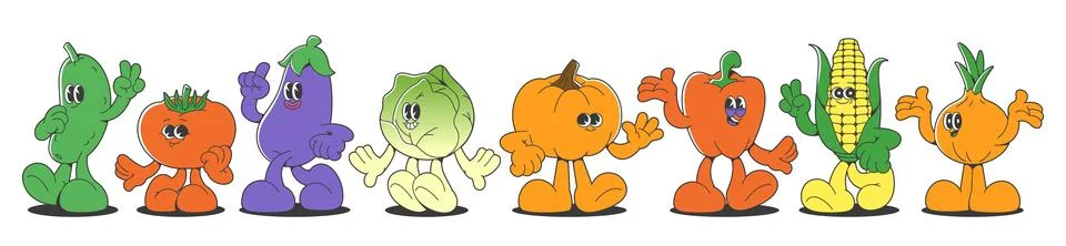 Retro vegetable characters set isolated on white Stock Illustration