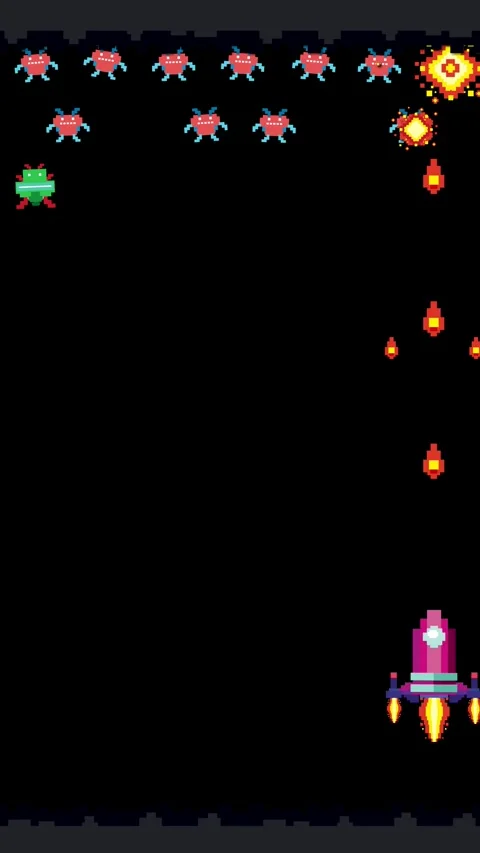 Retro Vertical Pixel Art Space Shooter Game Animation on Black Background Stock Footage 337090488