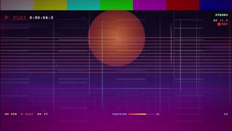Retro VHS Glitch Effect with Analog Noise and Stylized Sun on Purple Gradient Stock Footage 345761951