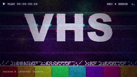 Retro VHS glitch effect with distorted text and colorful static noise on dark Stock Footage 345756950