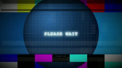 Retro VHS Glitch Screen with Please Wait Text and Color Bar Test Pattern Stock Footage 345753891