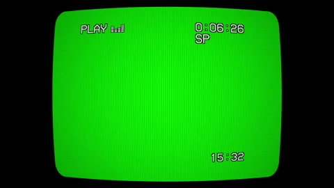 Retro VHS Interface on TV Green Screen with Clock and Timecode Video stock 332563382