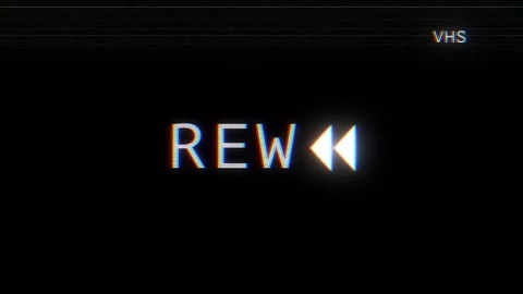 Retro VHS rewind motion visual distorted REW text, dark tape texture, and glowin Stock Footage 340576740
