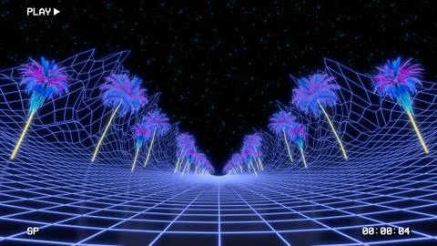Retro vhs style background. Old computer generated landscape with tropic trees Stockillustratie