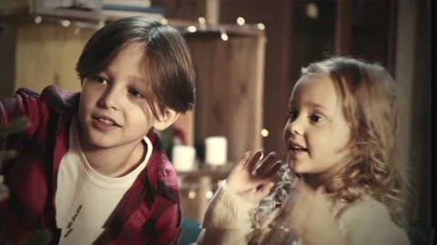 Retro Vhs Tape Effect, Home video, Kids decorating christmas tree in living room Stock Footage 219885568