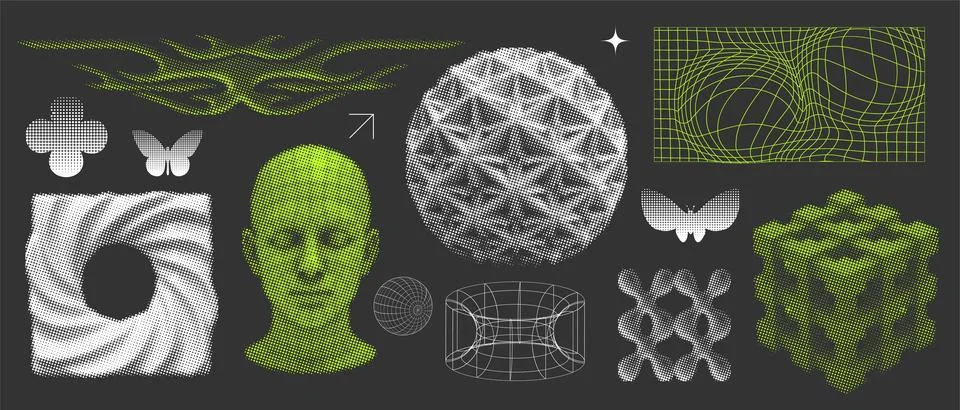 Retro vibe collage, pixel elements, 3D bitmap style elements, geometric shapes Stock Illustration