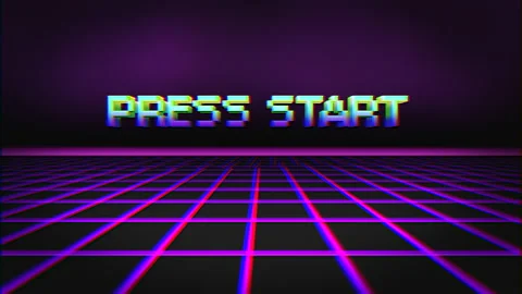 Retro video game PRESS START text computer HUD holographic glitch Stock Footage 131456472