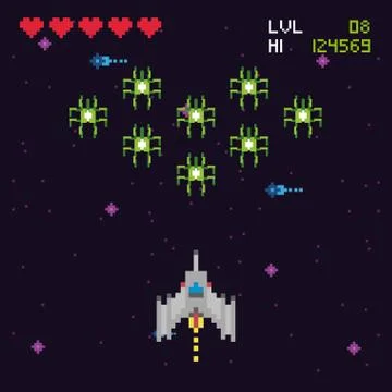 Retro video game space pixelated scene Stock Illustration