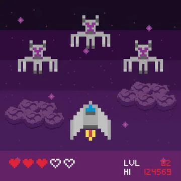 Retro video game space pixelated scene Stock Illustration