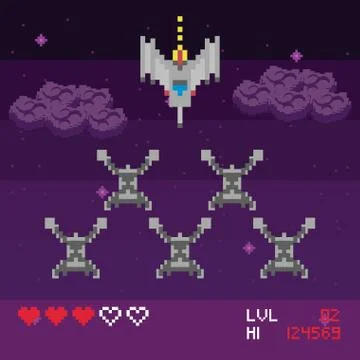Retro video game space pixelated scene Stock Illustration