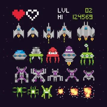Retro video game space pixelated set icons Stock Illustration