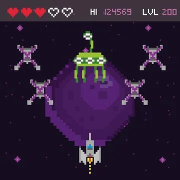 Retro video game space pixelated scene Stock Illustration