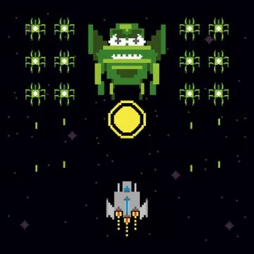 Retro video game space pixelated scene Stock Illustration