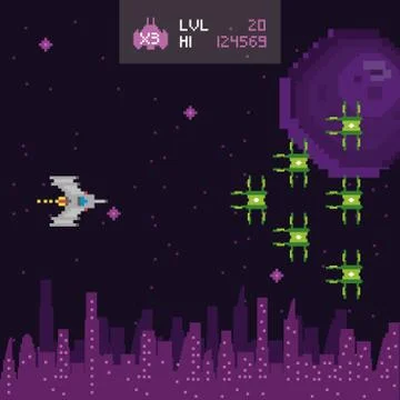 Retro video game space pixelated scene Stock Illustration