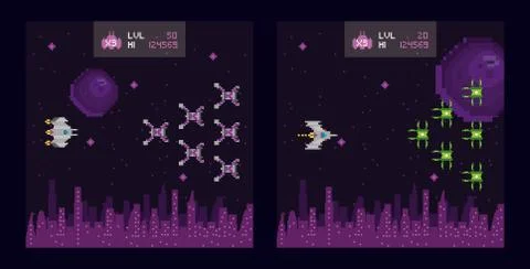 Retro video game space pixelated scenes Stock Illustration