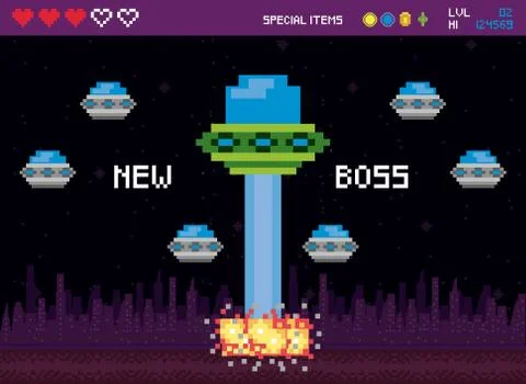 Retro video game space pixelated scene Stock Illustration