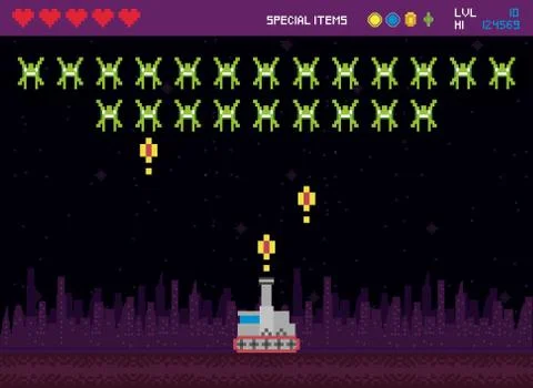Retro video game space pixelated scene Stock Illustration