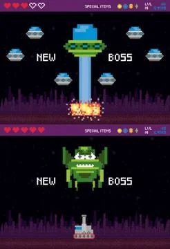 Retro video game space pixelated scenes Stock Illustration