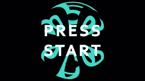 Retro video game start screen with glowing neon text on black background Stock Footage 344037206
