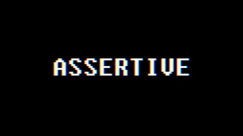 Retro videogame ASSERTIVE word text computer tv glitch interference noise screen Video stock 90076899