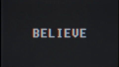 Retro videogame BELIEVE word text computer tv glitch interference noise screen Stock Footage
