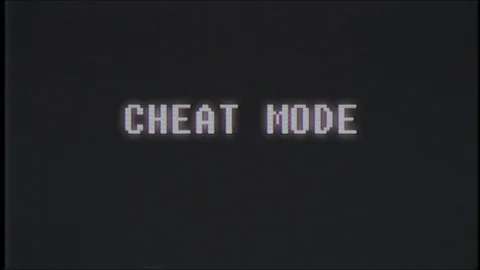 Retro videogame CHEAT MODE text computer old tv glitch interference noise screen Stockbeeldmateriaal 87251715