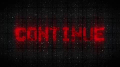 Retro videogame CONTINUE text on computer old tv vhs glitch interference noise  Stock Footage 233000109