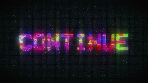 Retro videogame CONTINUE text on computer old tv vhs glitch interference noise  Stock Footage 233000319