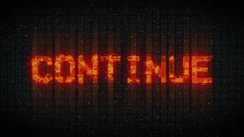 Retro videogame CONTINUE text on computer old tv vhs glitch interference noise  Stock Footage 233000458
