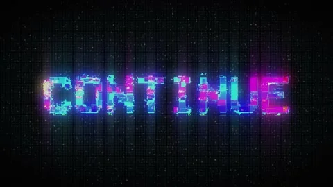 Retro videogame CONTINUE text on computer old tv vhs glitch interference noise  Stock Footage 233000695