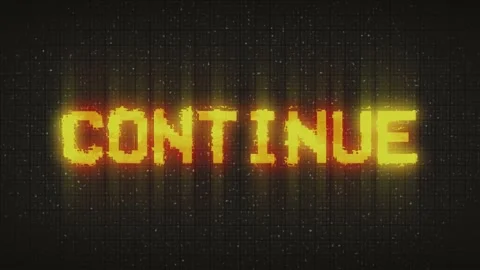 Retro videogame CONTINUE text on computer old tv vhs glitch interference noise  Stock Footage 233000852