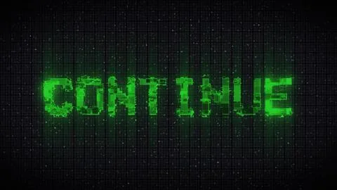Retro videogame CONTINUE text on computer old tv vhs glitch interference noise  Illustrazione stock
