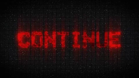 Retro videogame CONTINUE text on computer old tv vhs glitch interference noise  Stockillustratie