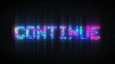 Retro videogame CONTINUE text on computer old tv vhs glitch interference noise  Stockillustratie