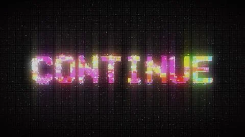 Retro videogame CONTINUE text on computer old tv vhs glitch interference noise  스톡 일러스트
