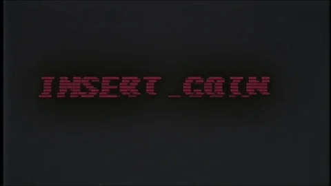 Retro videogame INSERT COIN text on computer old tv vhs glitch interference Stock Footage 83843911