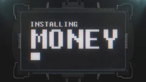 Retro videogame installing money text on futuristic tv glitch interference Stock Footage 81865265