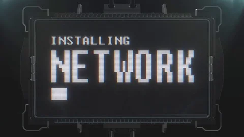 Retro videogame installing network text on futuristic tv glitch interference Video stock 81864612