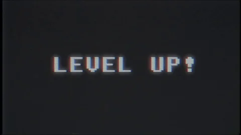 Retro videogame LEVEL UP text on computer old tv vhs glitch interference noise Stock Footage 83824538