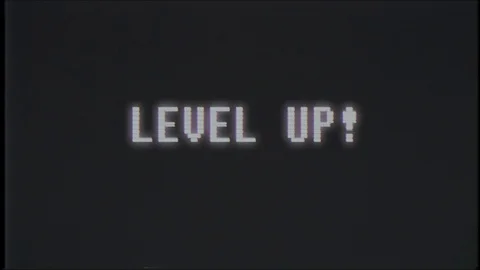 Retro videogame LEVEL UP text computer old tv glitch interference noise screen Stock Footage 87213888