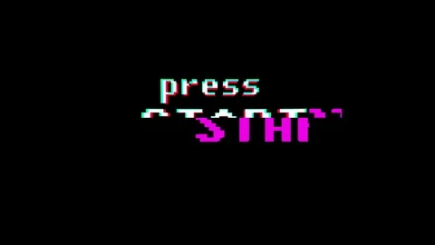 Retro videogame press start text on old tv glitch interference screen ... New Stock Footage