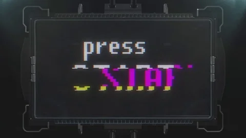 Retro videogame press start text on futuristic tv glitch interference screen Stock Footage 81861728